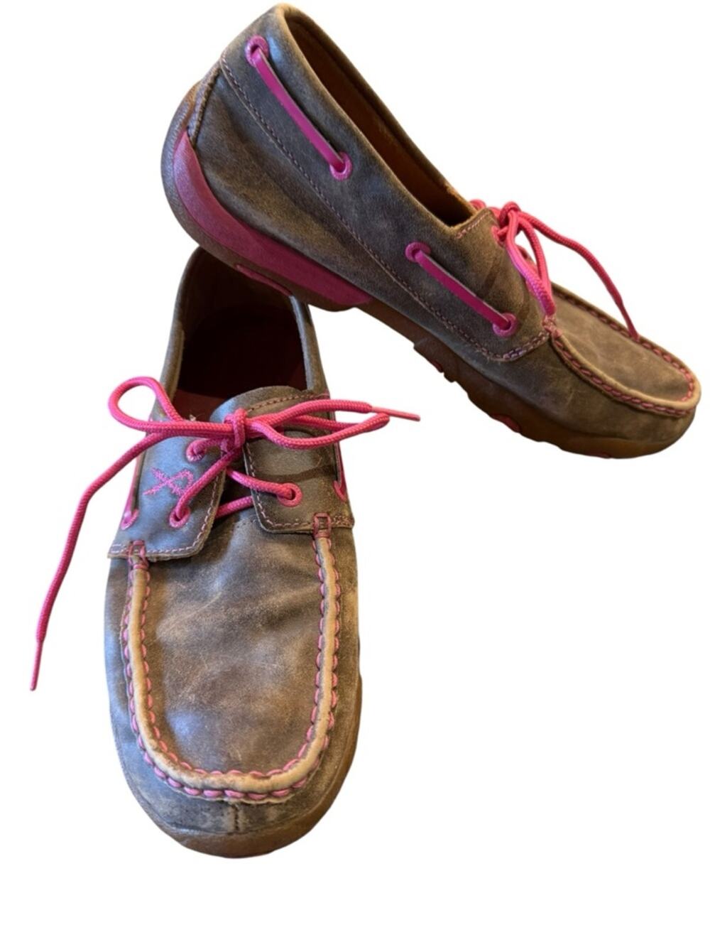 Twisted X Women’s Size 10 Brown Boat Style Shoes with Pink Ribbon Accents